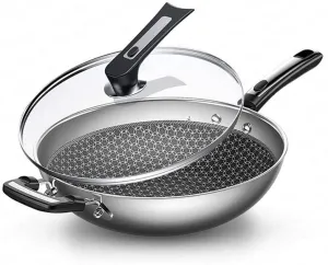 Wok Non-Stick Pan 304 Stainless Steel Less Smoke Multi-Function Household Cooking Pot Induction Cooker Gas for Wok Frying Pan
