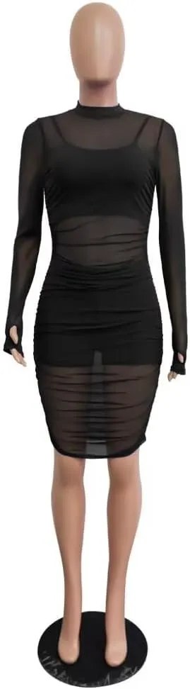 Women 3 Piece Outfits Sexy Crop Top Short Set Mesh See-Through Ruched Bodycon Midi Dress Clubwear