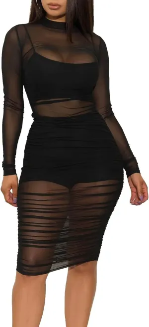 Women 3 Piece Outfits Sexy Crop Top Short Set Mesh See-Through Ruched Bodycon Midi Dress Clubwear