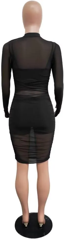 Women 3 Piece Outfits Sexy Crop Top Short Set Mesh See-Through Ruched Bodycon Midi Dress Clubwear