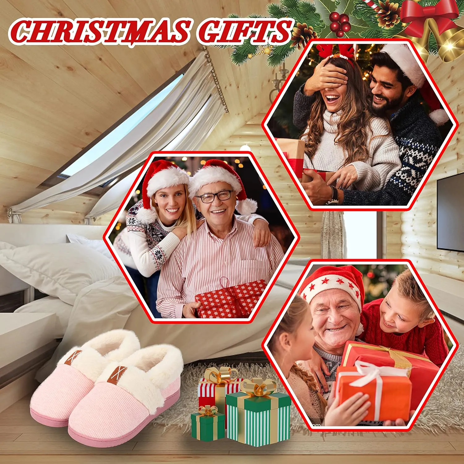 Women Slippers Comfy House Winter Slippers with Faux Fur Lining Memory Foam Anti-Skid Rubber Sole Fluffy Shoes Indoor Outdoor