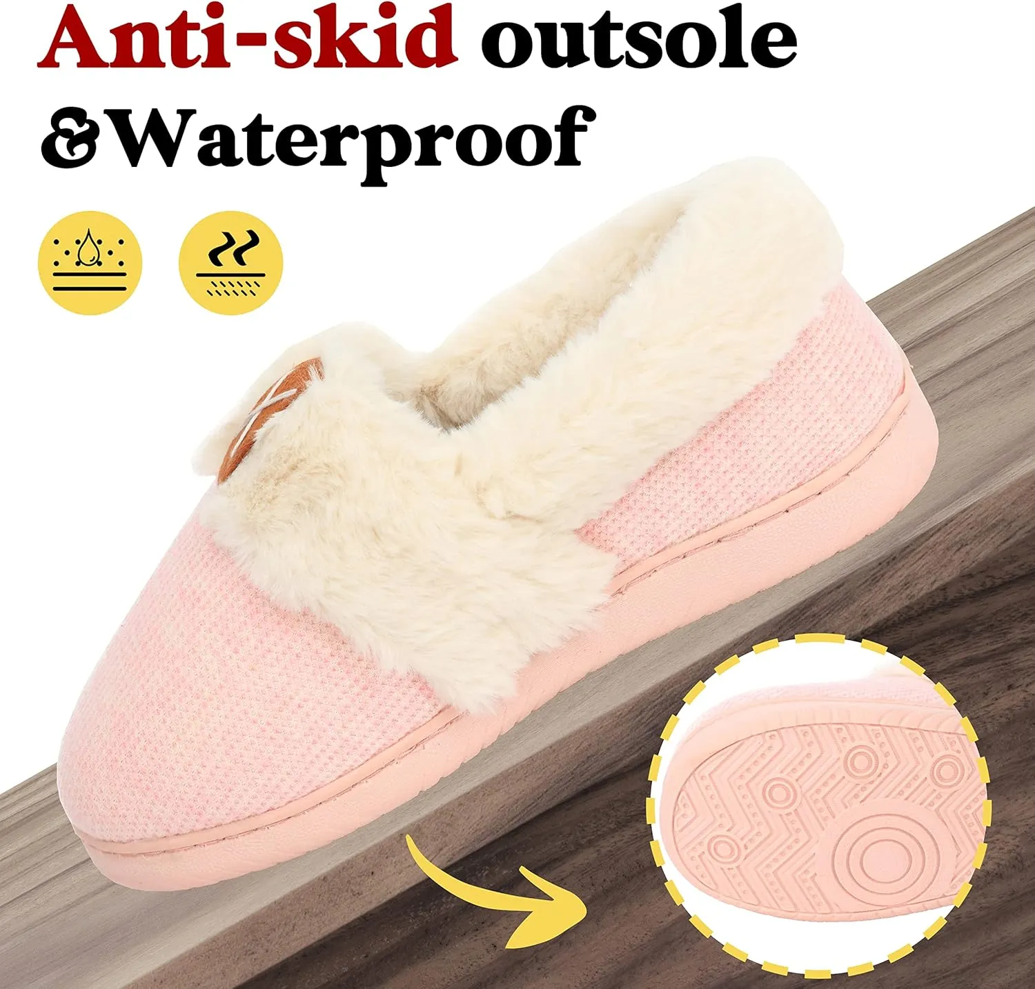 Women Slippers Comfy House Winter Slippers with Faux Fur Lining Memory Foam Anti-Skid Rubber Sole Fluffy Shoes Indoor Outdoor