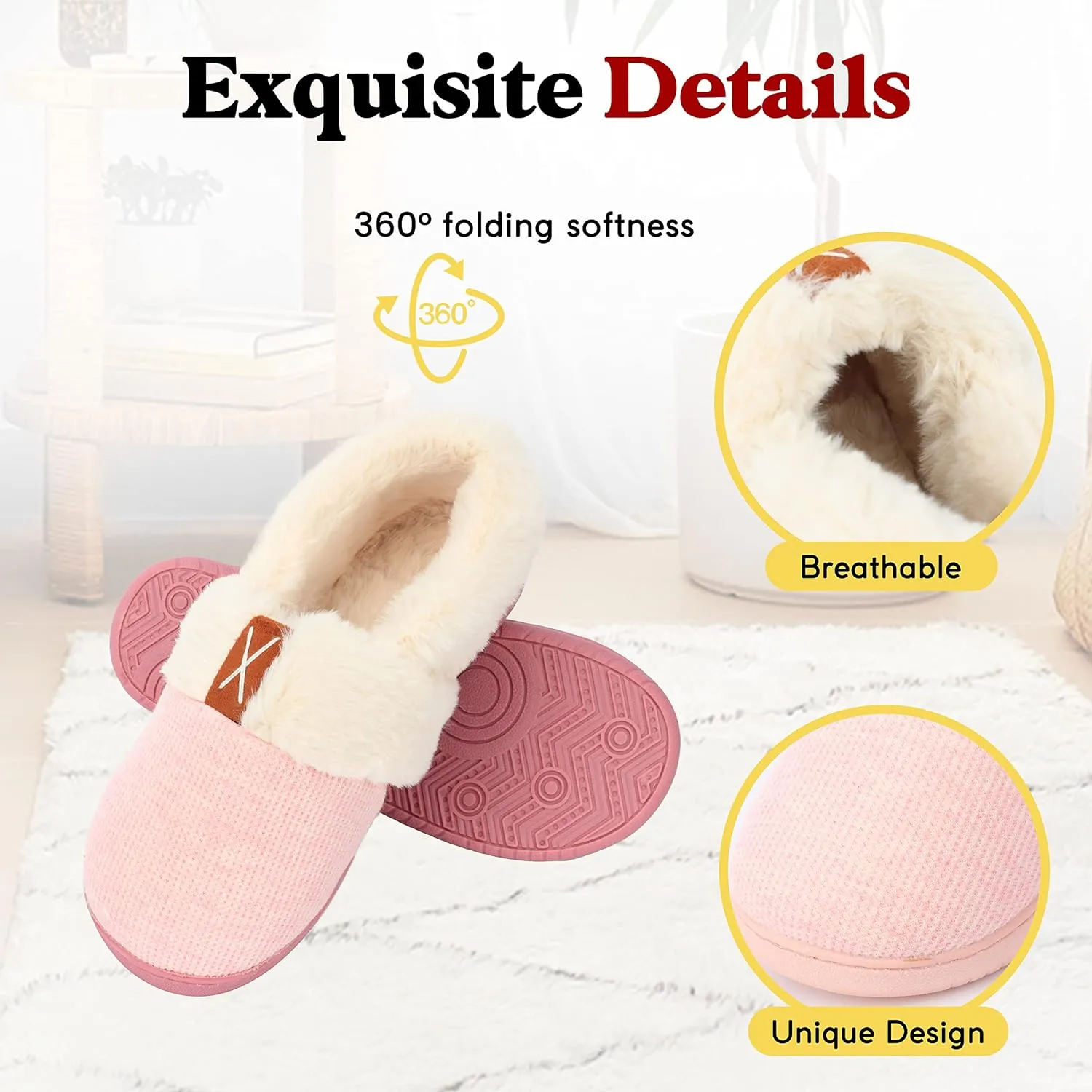 Women Slippers Comfy House Winter Slippers with Faux Fur Lining Memory Foam Anti-Skid Rubber Sole Fluffy Shoes Indoor Outdoor