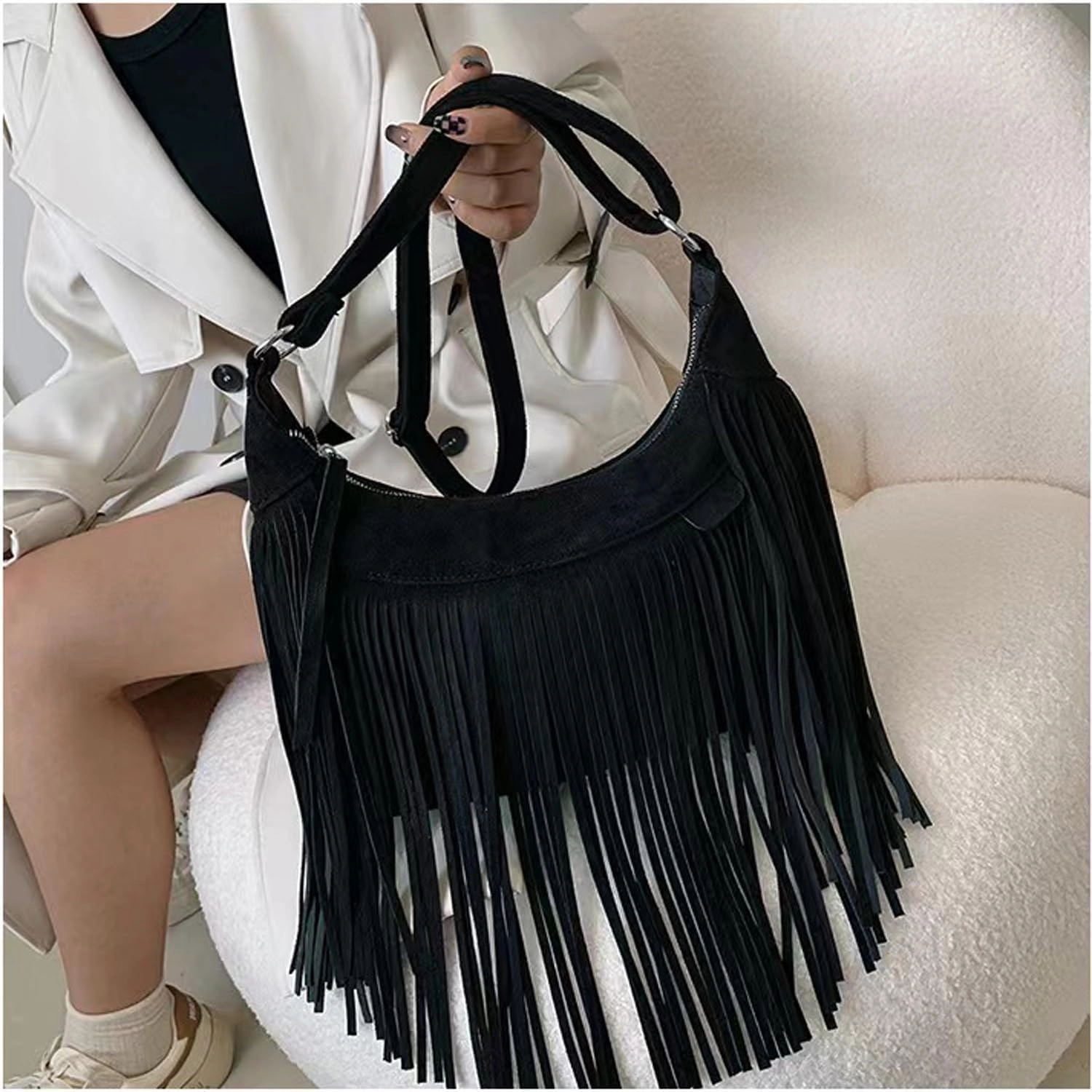 Women Fashion Fringe Purse Crossbody Bags Vegan Suede Hippie Tassel Hobo Shoulder Bag Vintage Handbags