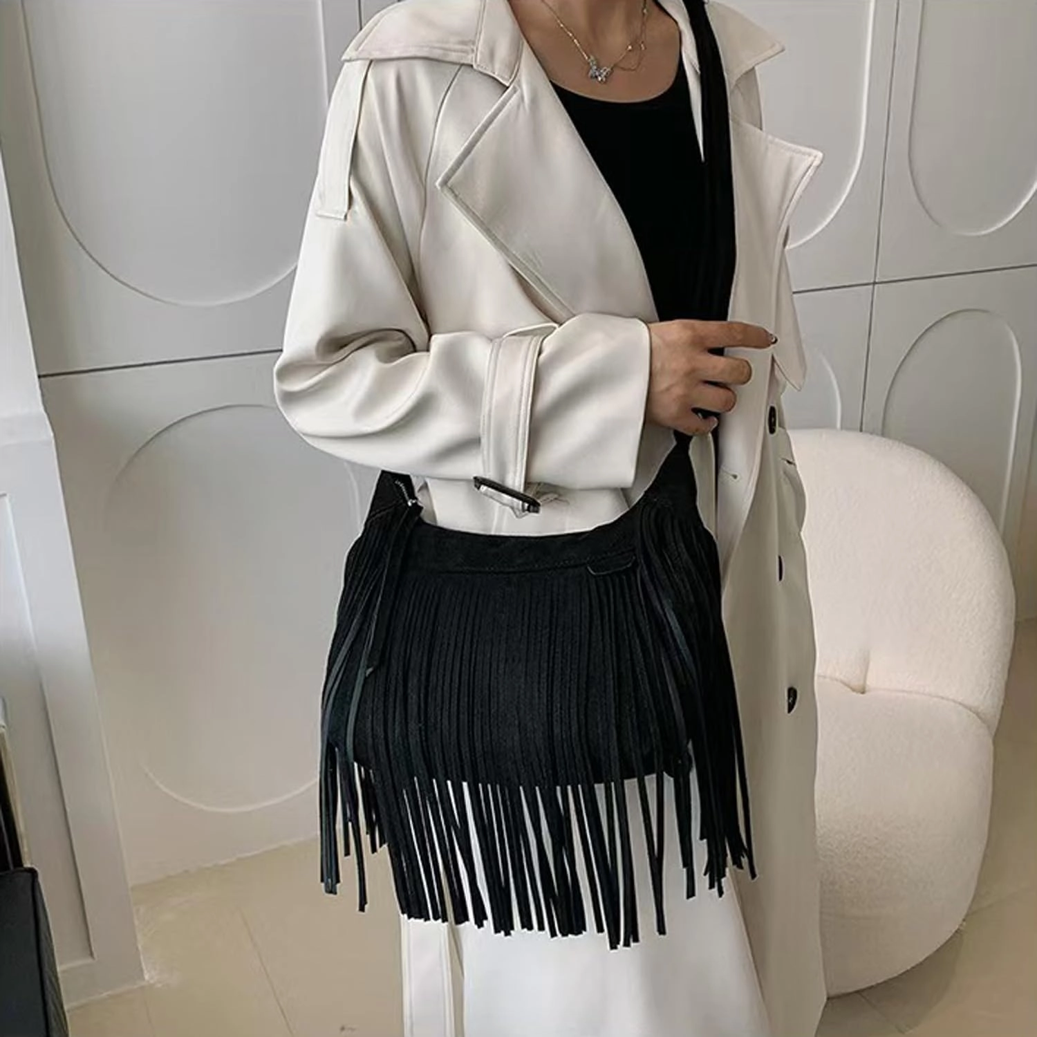 Women Fashion Fringe Purse Crossbody Bags Vegan Suede Hippie Tassel Hobo Shoulder Bag Vintage Handbags