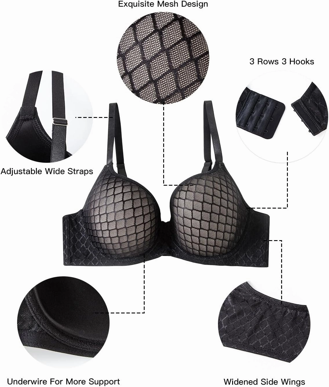 Women's Underwire Push Up Bra Lightly Padded Molded Cups with Lace Plus Size Full Support 38C-44E