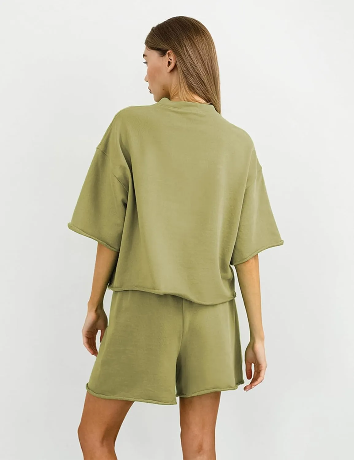 Women's 2 Piece Outfits Lounge Sets Crew Neck Short Sleeve Pullover Tops High Waisted Shorts Tracksuits