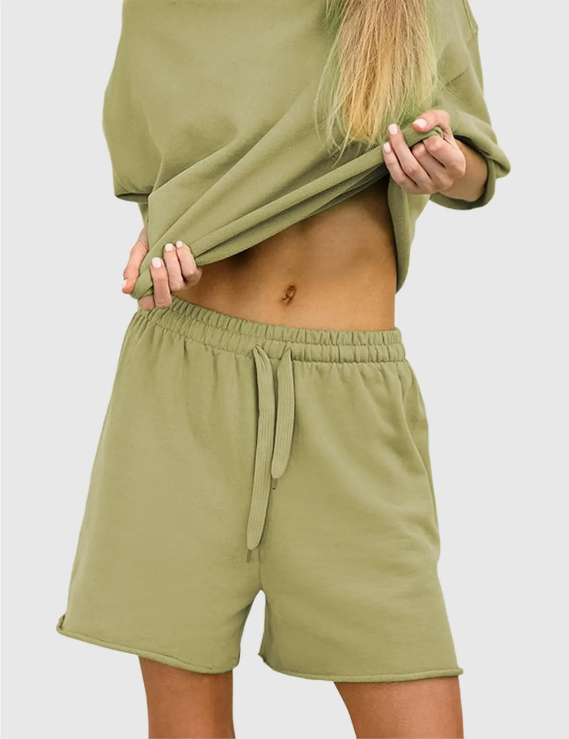 Women's 2 Piece Outfits Lounge Sets Crew Neck Short Sleeve Pullover Tops High Waisted Shorts Tracksuits