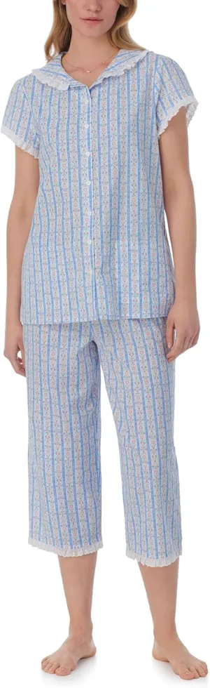 Women's Cotton Capri Pajama Set, Short Sleeve Button-Front Top & Cropped Pants, Soft & Lightweight Sleepwear