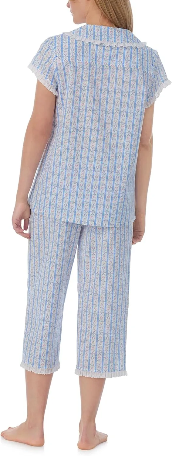 Women's Cotton Capri Pajama Set, Short Sleeve Button-Front Top & Cropped Pants, Soft & Lightweight Sleepwear