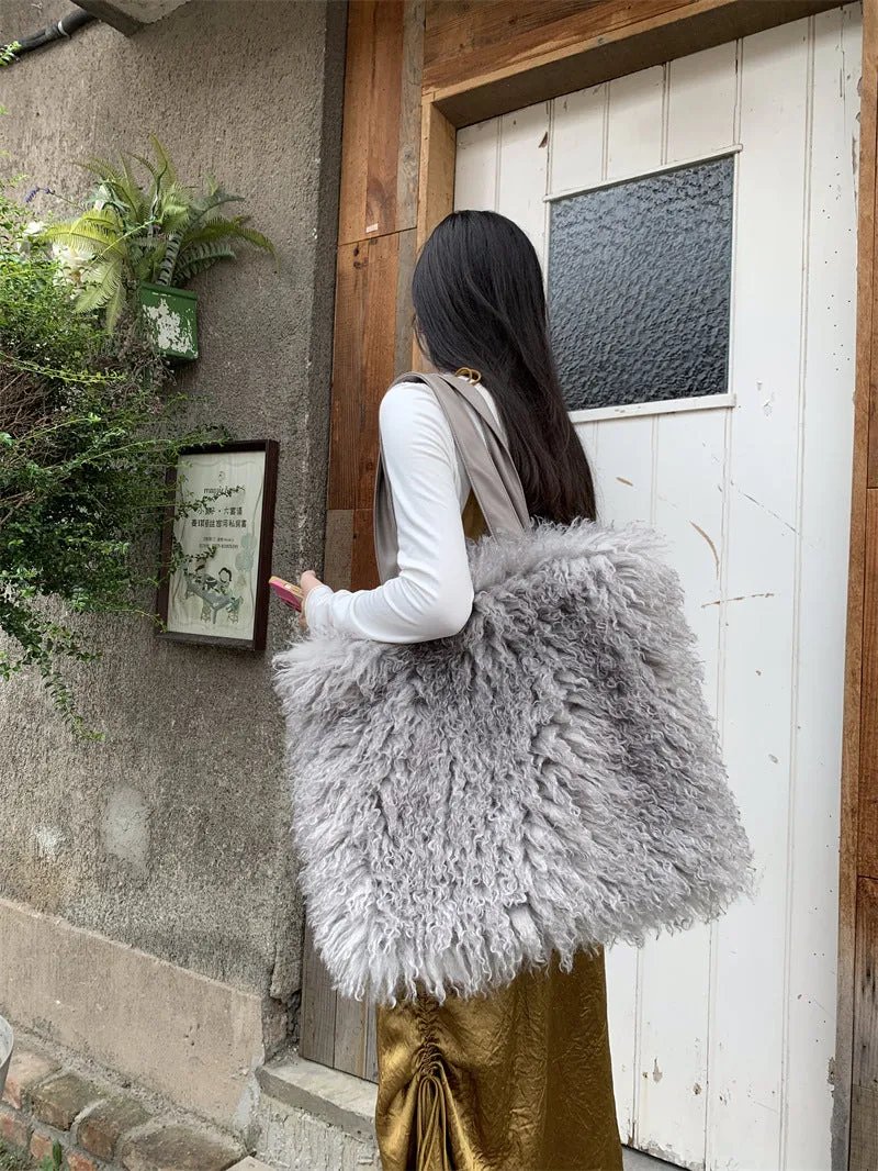 Women's Imitated Tibet Sheep Fur Gradient Color Handbags