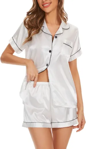Women's Pajama Sets Satin Sleepwear Button Down Short Sleeve Pj Silk Tops and Shorts 2-Piece Loungewear