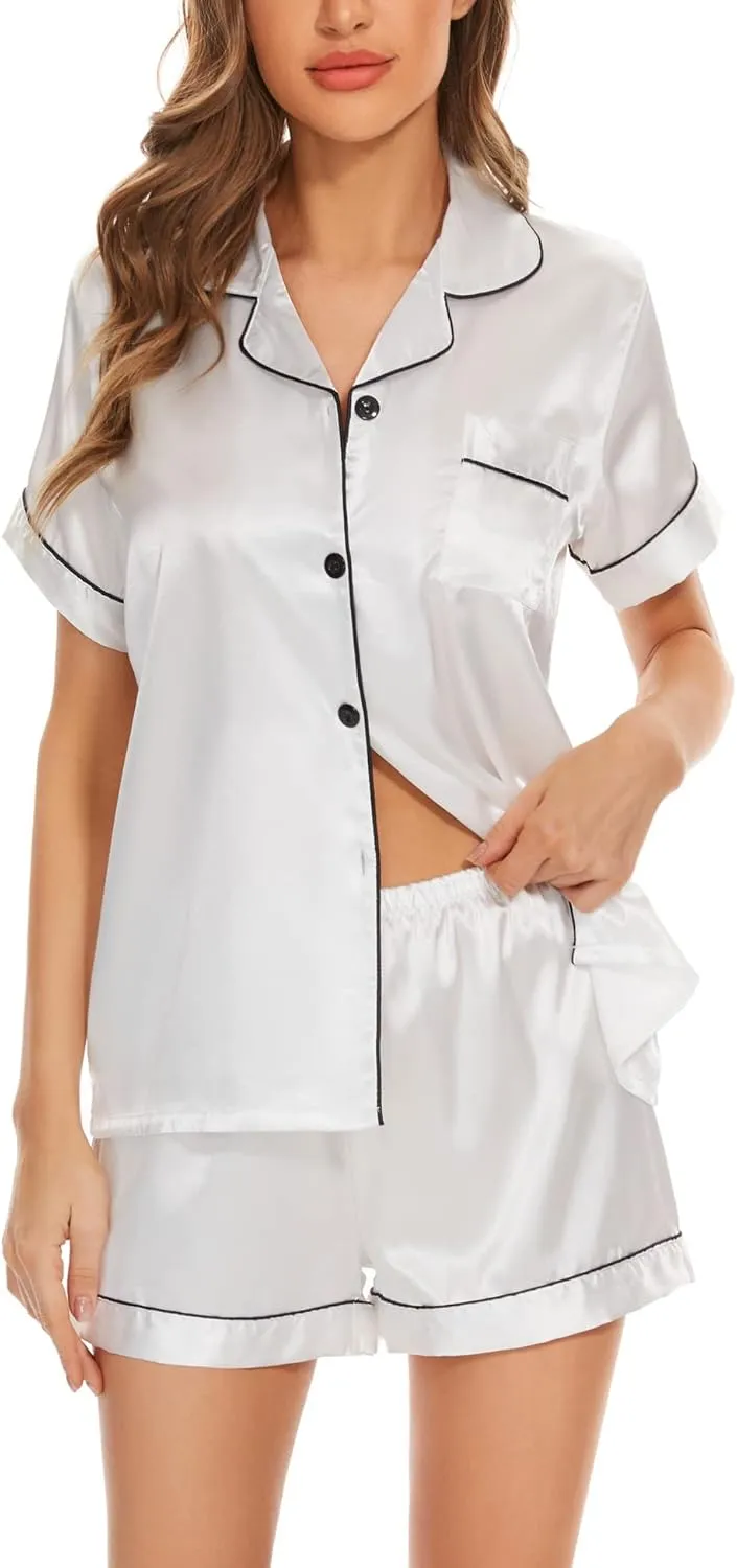 Women's Pajama Sets Satin Sleepwear Button Down Short Sleeve Pj Silk Tops and Shorts 2-Piece Loungewear