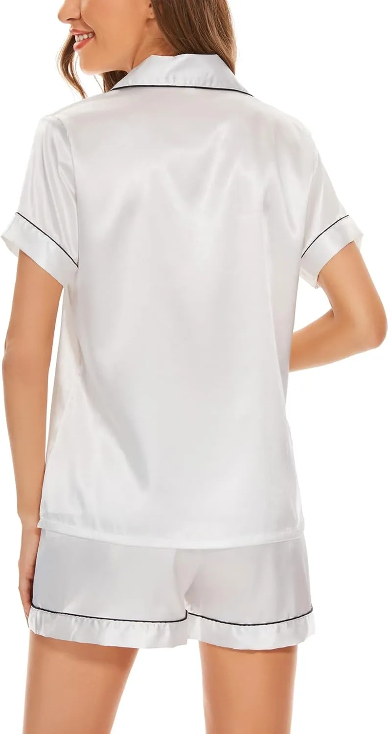 Women's Pajama Sets Satin Sleepwear Button Down Short Sleeve Pj Silk Tops and Shorts 2-Piece Loungewear