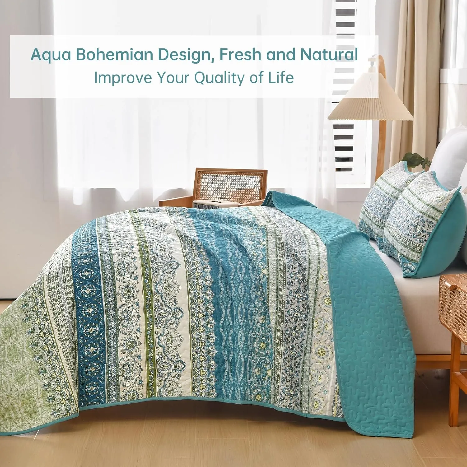 WONGS BEDDING Boho Quilt Set Queen Size Aqua, 3 Pieces Striped Bedspread Coverlet Set, Bohemian Soft Lightweight Microfiber for All Season(96"×90")