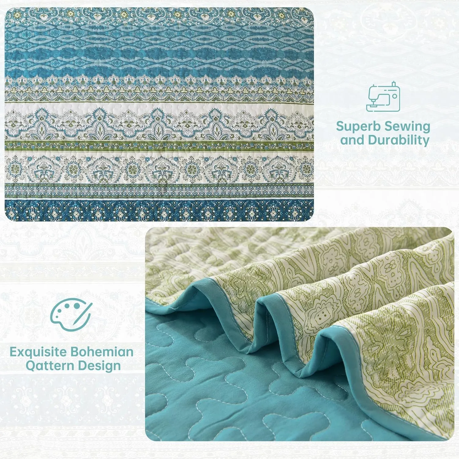 WONGS BEDDING Boho Quilt Set Queen Size Aqua, 3 Pieces Striped Bedspread Coverlet Set, Bohemian Soft Lightweight Microfiber for All Season(96"×90")