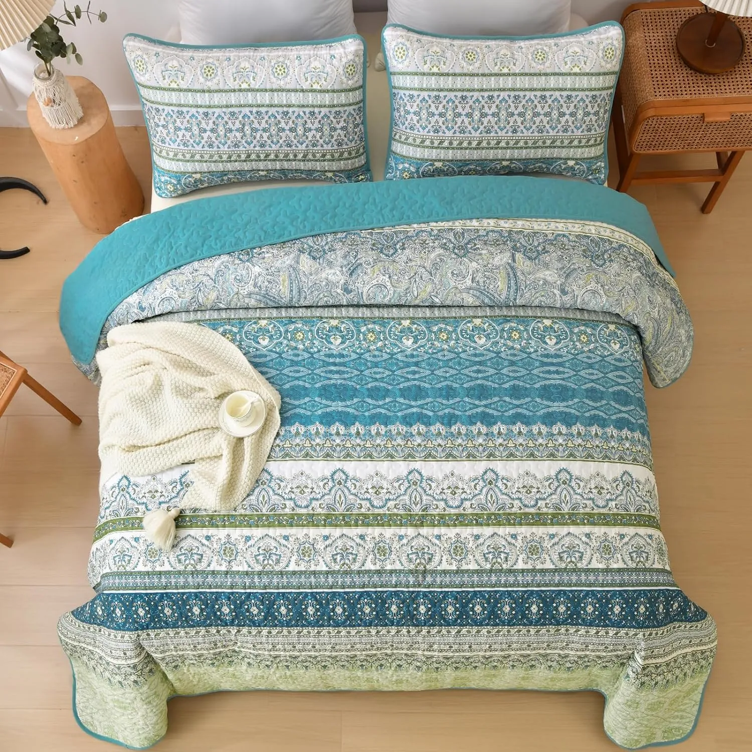 WONGS BEDDING Boho Quilt Set Queen Size Aqua, 3 Pieces Striped Bedspread Coverlet Set, Bohemian Soft Lightweight Microfiber for All Season(96"×90")