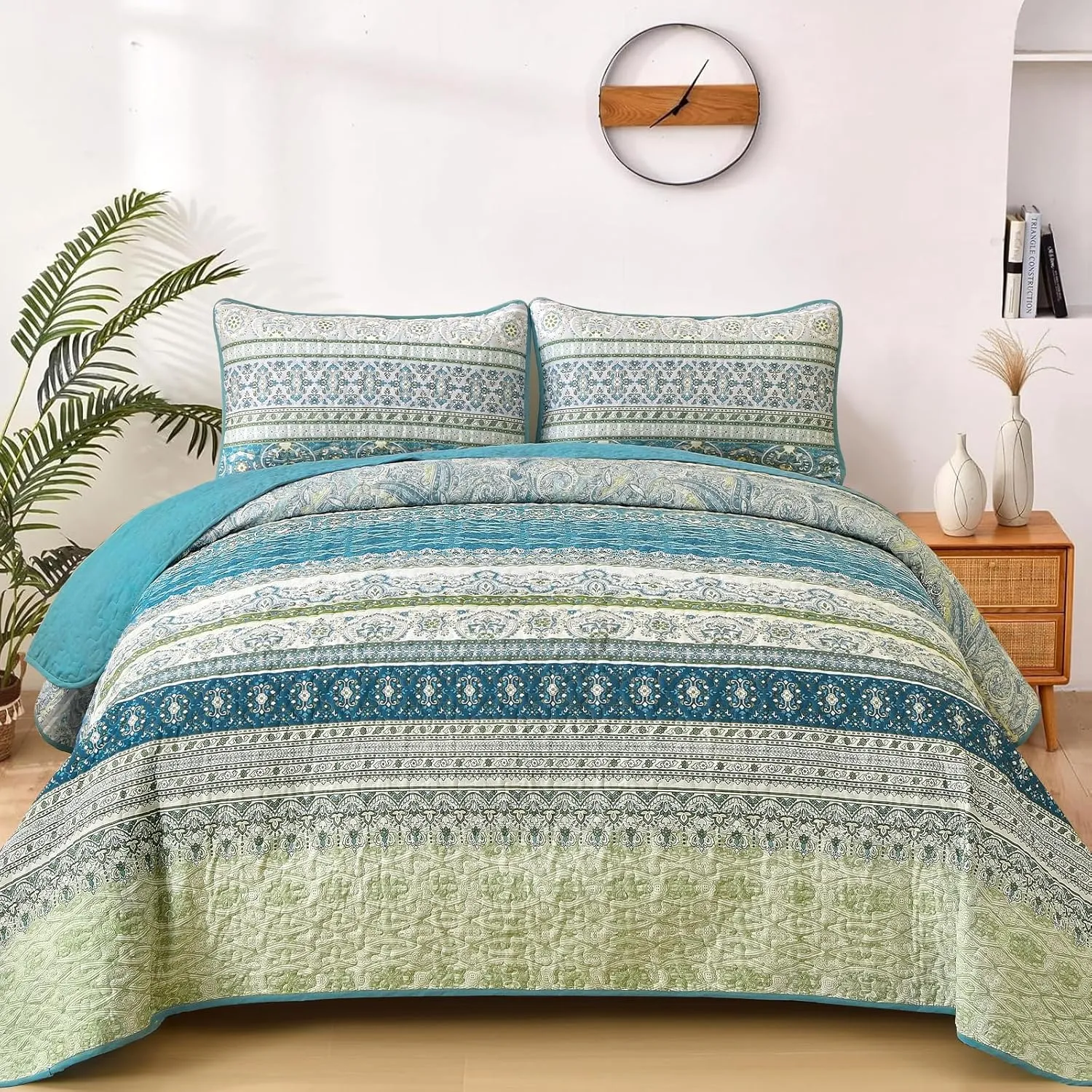 WONGS BEDDING Boho Quilt Set Queen Size Aqua, 3 Pieces Striped Bedspread Coverlet Set, Bohemian Soft Lightweight Microfiber for All Season(96"×90")