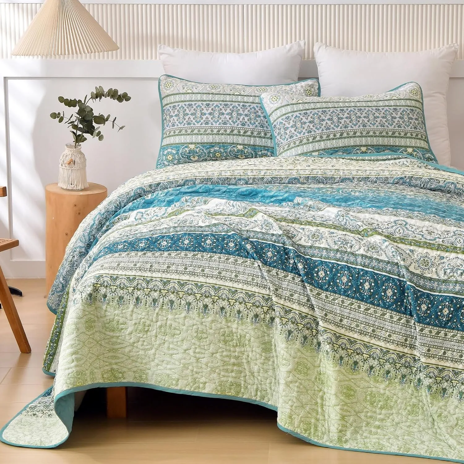 WONGS BEDDING Boho Quilt Set Queen Size Aqua, 3 Pieces Striped Bedspread Coverlet Set, Bohemian Soft Lightweight Microfiber for All Season(96"×90")