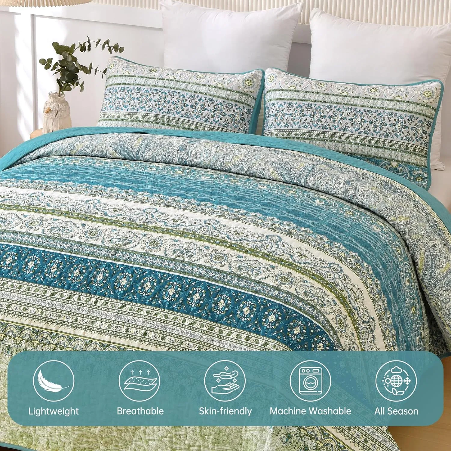 WONGS BEDDING Boho Quilt Set Queen Size Aqua, 3 Pieces Striped Bedspread Coverlet Set, Bohemian Soft Lightweight Microfiber for All Season(96"×90")