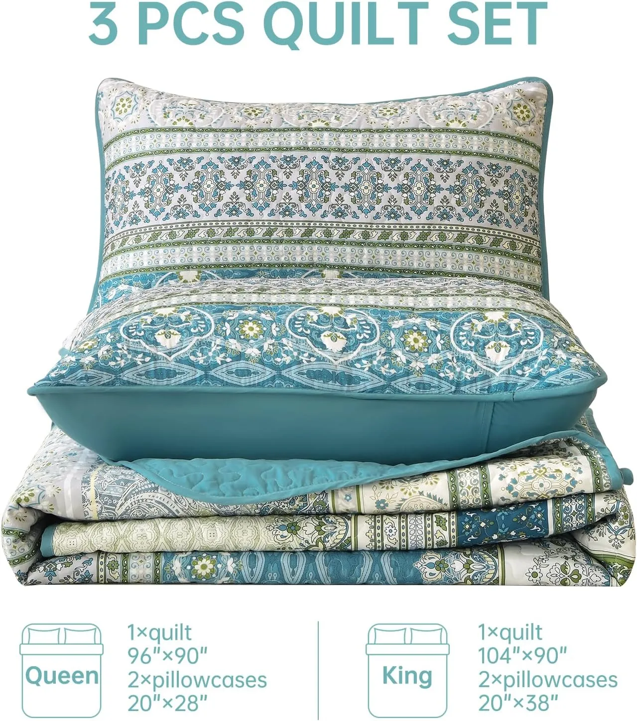 WONGS BEDDING Boho Quilt Set Queen Size Aqua, 3 Pieces Striped Bedspread Coverlet Set, Bohemian Soft Lightweight Microfiber for All Season(96"×90")