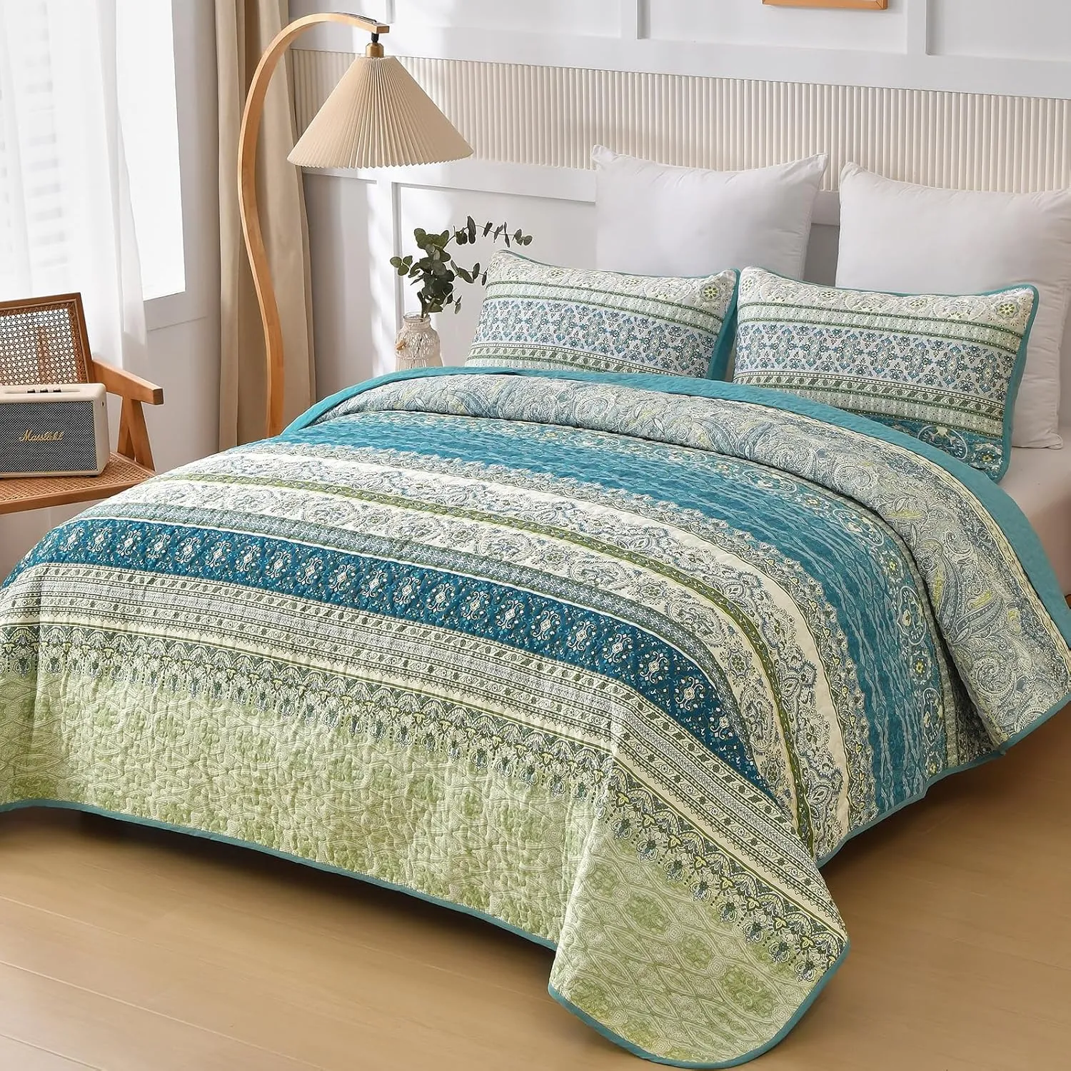 WONGS BEDDING Boho Quilt Set Queen Size Aqua, 3 Pieces Striped Bedspread Coverlet Set, Bohemian Soft Lightweight Microfiber for All Season(96"×90")