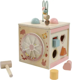 Wooden Activity Cube, Educational Shape Sorter Toy with Spinning Wheel, Animal Design, Pastel Colors
