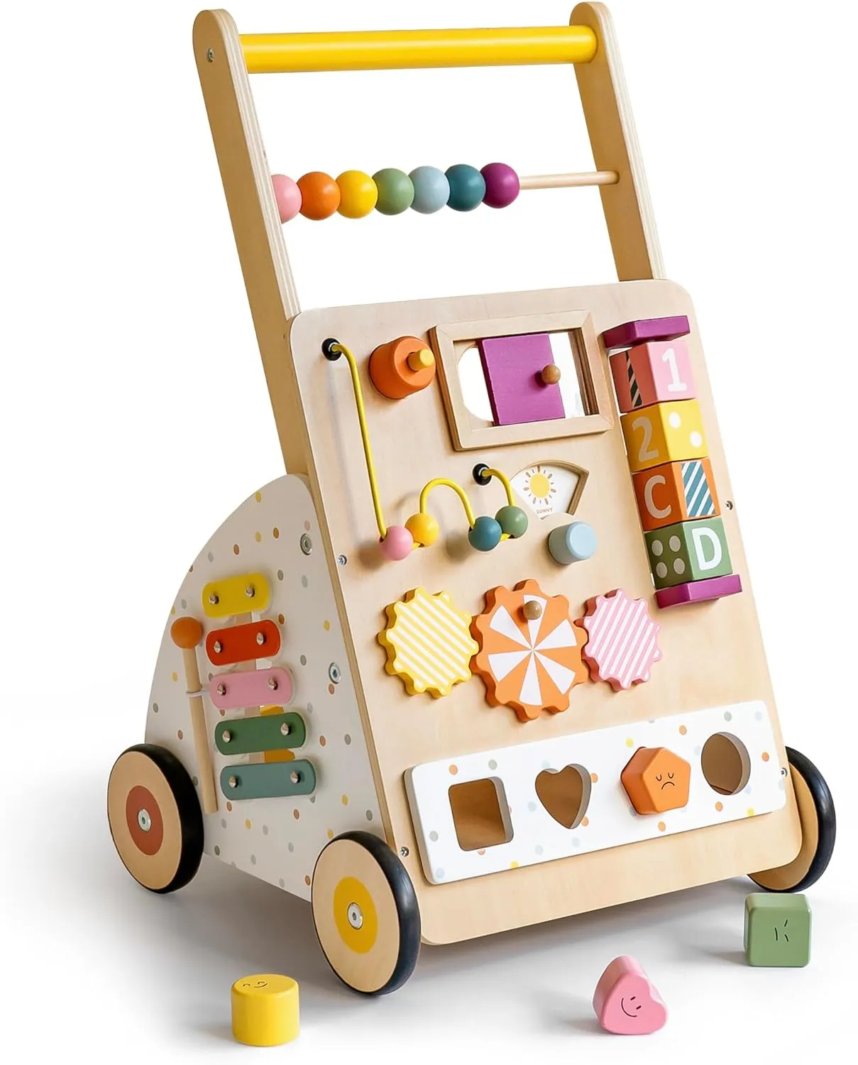 Wooden Baby Walker with Activity Center – Montessori Push Walker Toys for Boys & Girls 18 Months  – Educational Toddler Learning Walker with 10-in-1 Sensory Games