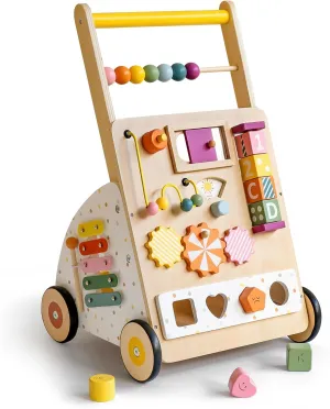 Wooden Baby Walker with Activity Center – Montessori Push Walker Toys for Boys & Girls 18 Months  – Educational Toddler Learning Walker with 10-in-1 Sensory Games