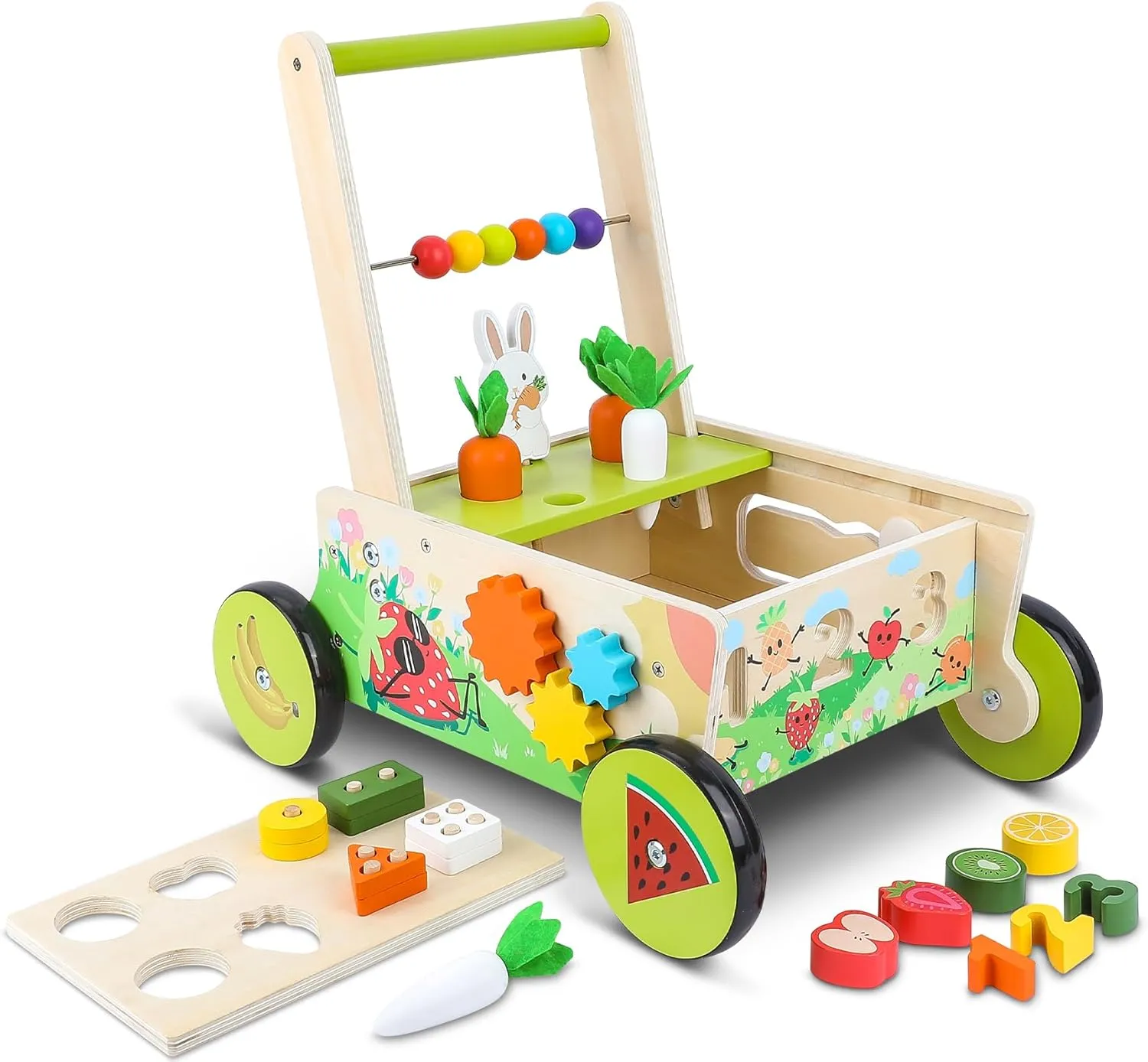 Wooden Baby Walker with Wheels,Toddler Push and Pull Walker Montessori Multiple Activity Center with Shape Sorting Grocery Toy and Puzzles Push Cart for Boys Girls 6-12 Months 1 2 3 Years Old (Fruit)