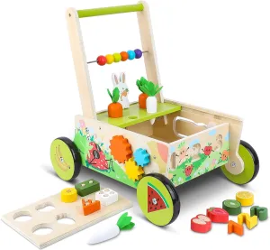 Wooden Baby Walker with Wheels,Toddler Push and Pull Walker Montessori Multiple Activity Center with Shape Sorting Grocery Toy and Puzzles Push Cart for Boys Girls 6-12 Months 1 2 3 Years Old (Fruit)