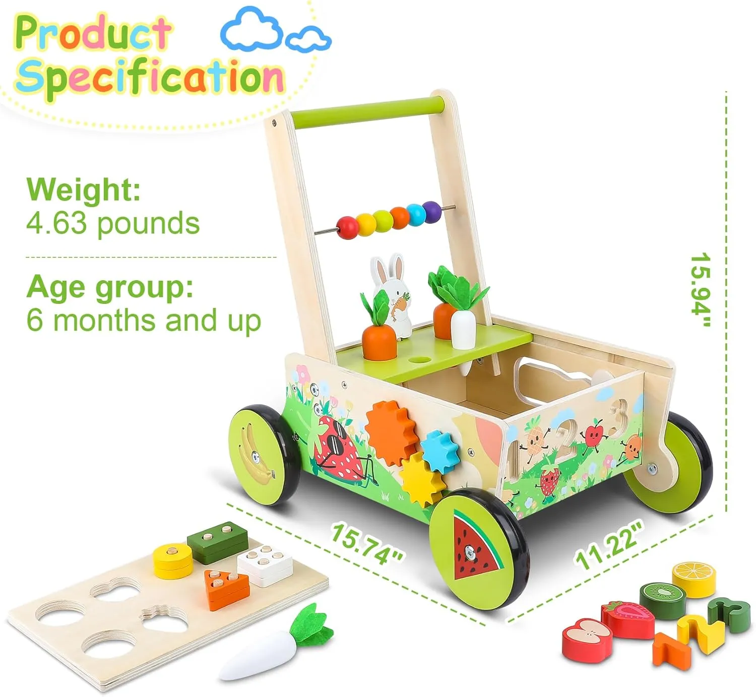 Wooden Baby Walker with Wheels,Toddler Push and Pull Walker Montessori Multiple Activity Center with Shape Sorting Grocery Toy and Puzzles Push Cart for Boys Girls 6-12 Months 1 2 3 Years Old (Fruit)
