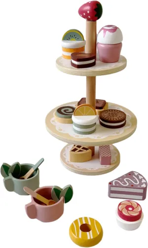 Wooden Dessert Stand Toy Set for Kids – 3-Tier Cake and Pastry Tower, Pretend Play Tea Party Accessories, Montessori Kitchen Toy for Toddlers Ages 3 