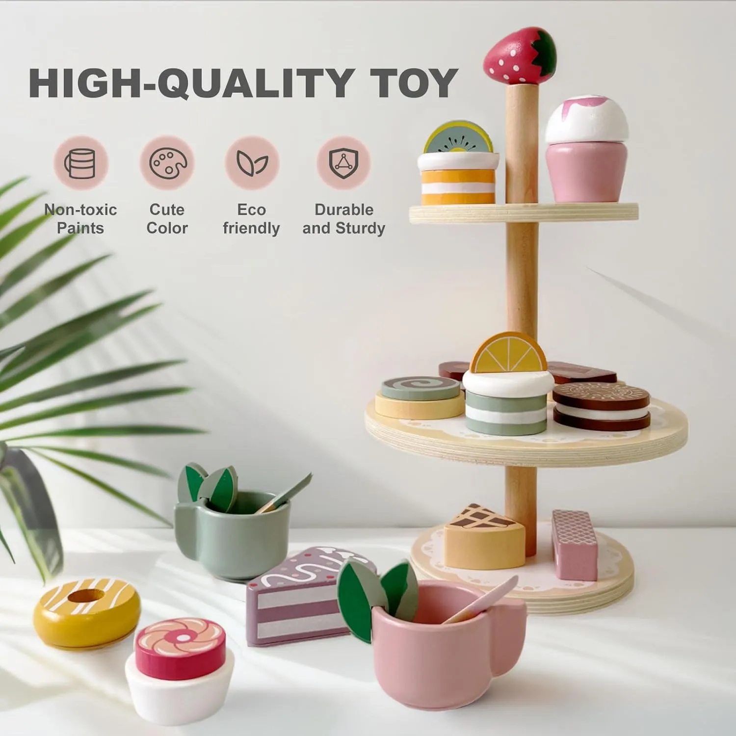 Wooden Dessert Stand Toy Set for Kids – 3-Tier Cake and Pastry Tower, Pretend Play Tea Party Accessories, Montessori Kitchen Toy for Toddlers Ages 3 