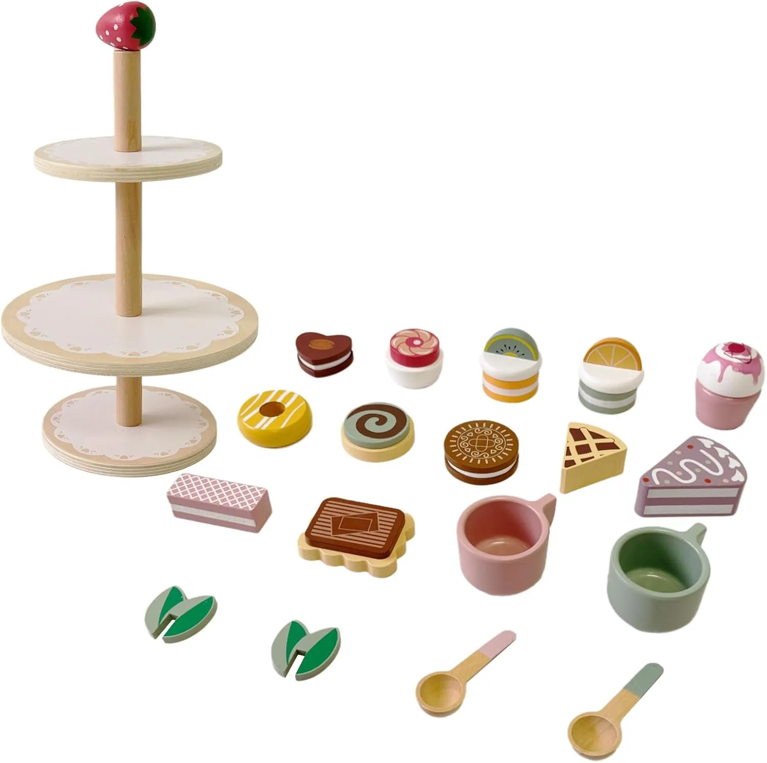 Wooden Dessert Stand Toy Set for Kids – 3-Tier Cake and Pastry Tower, Pretend Play Tea Party Accessories, Montessori Kitchen Toy for Toddlers Ages 3 