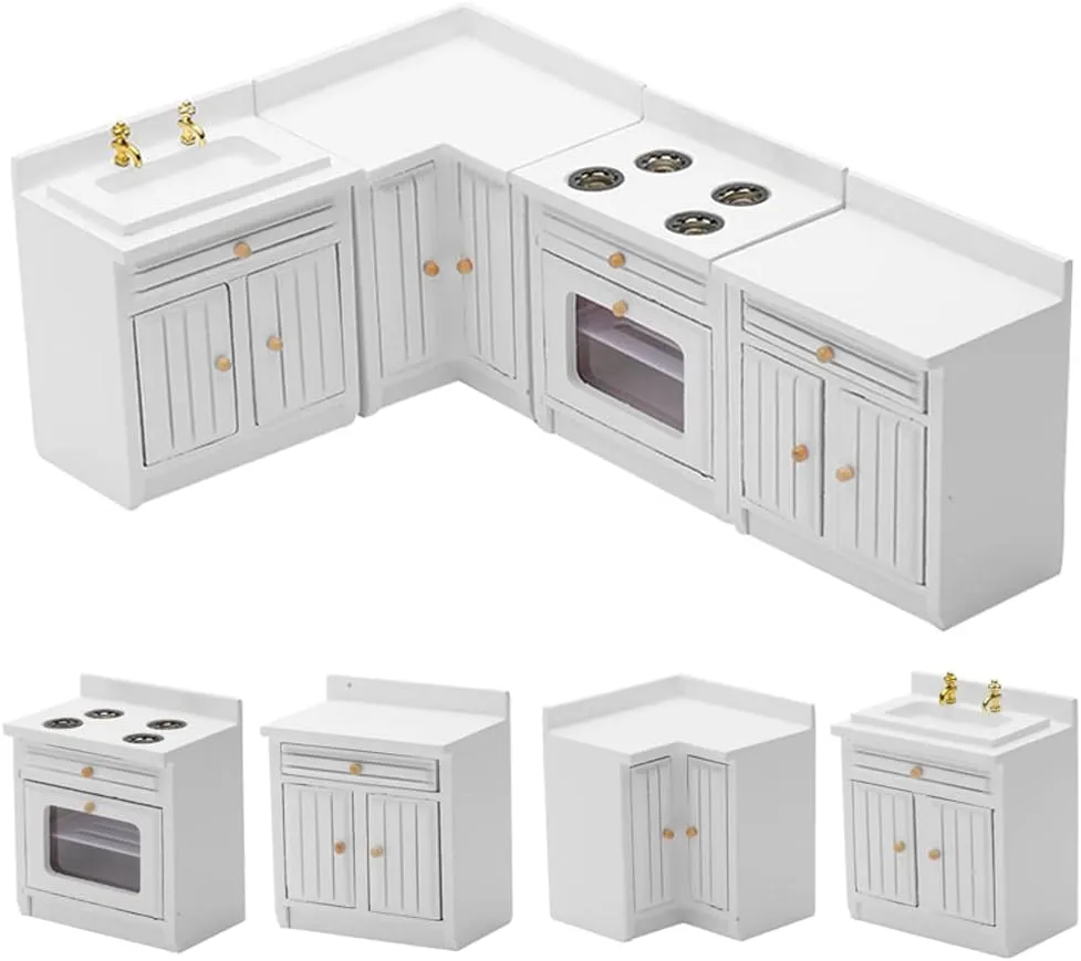 Wooden Dollhouse Miniature Furniture Kitchen Play Cabinet Fridge Set Freely Combined 1/12 Scale