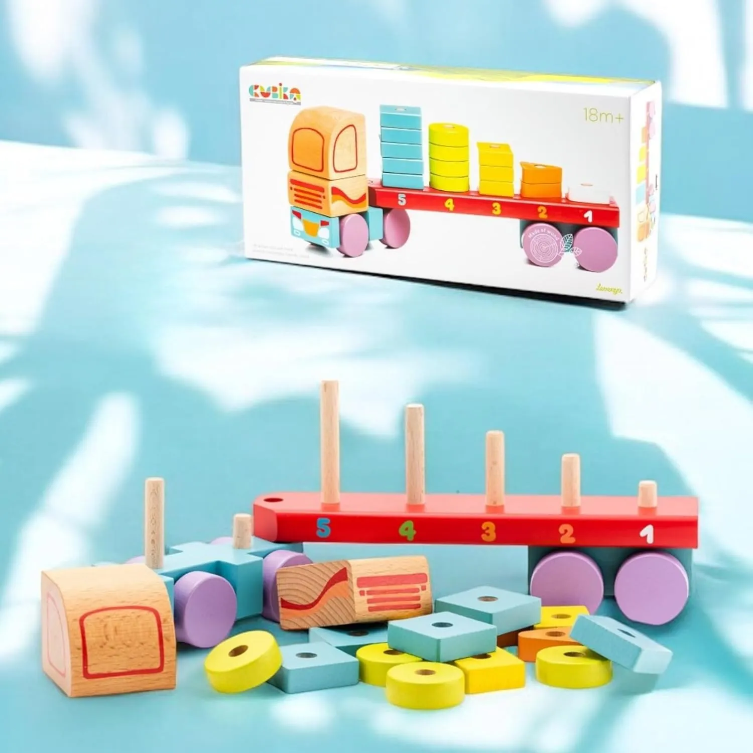 Wooden Geometric Shapes Truck– Montessori Toy for Toddlers Ages 3 – Shape Sorter and Stacking Truck Building Toy– FSC-Certified Wood, German Water-Based Paints, Travel-Friendly