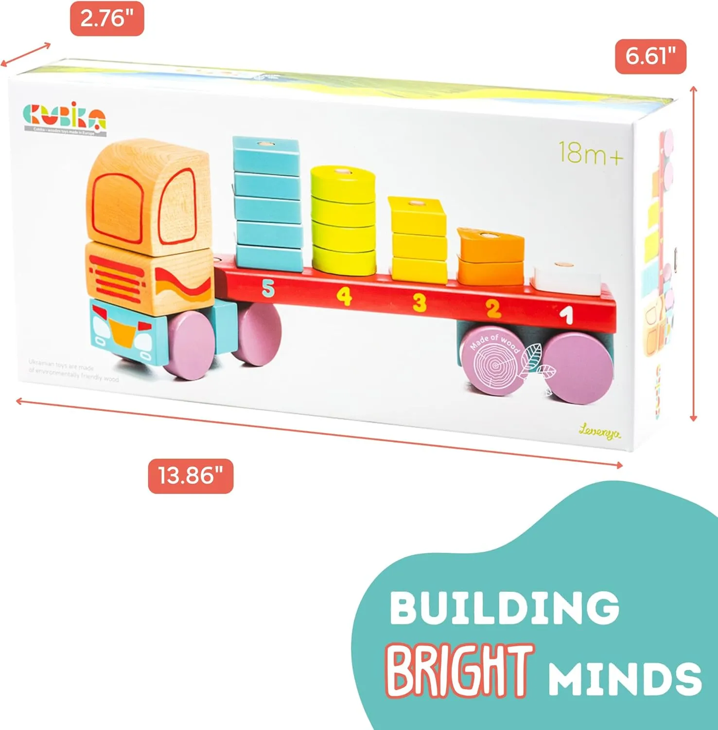 Wooden Geometric Shapes Truck– Montessori Toy for Toddlers Ages 3 – Shape Sorter and Stacking Truck Building Toy– FSC-Certified Wood, German Water-Based Paints, Travel-Friendly