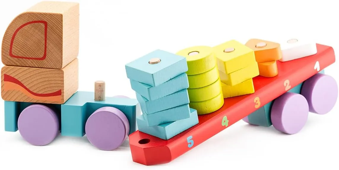 Wooden Geometric Shapes Truck– Montessori Toy for Toddlers Ages 3 – Shape Sorter and Stacking Truck Building Toy– FSC-Certified Wood, German Water-Based Paints, Travel-Friendly