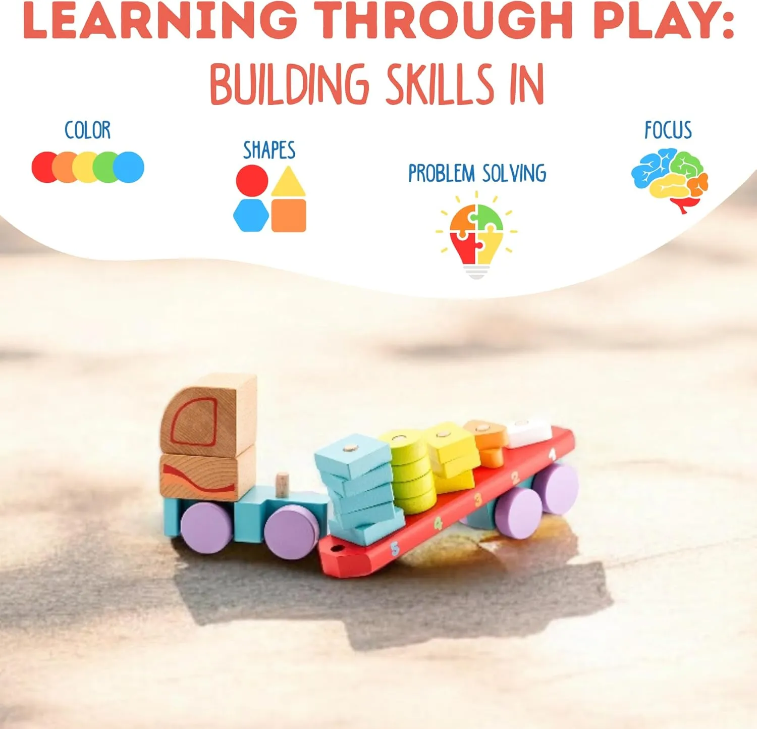 Wooden Geometric Shapes Truck– Montessori Toy for Toddlers Ages 3 – Shape Sorter and Stacking Truck Building Toy– FSC-Certified Wood, German Water-Based Paints, Travel-Friendly