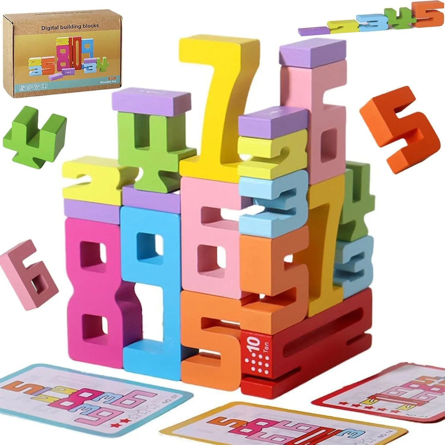 Wooden Number Building, Digit Friends of Ten, Strengthfully Montessori Stacking Numbers (20Pcs)