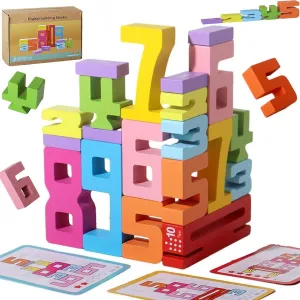 Wooden Number Building, Digit Friends of Ten, Strengthfully Montessori Stacking Numbers (20Pcs)