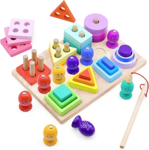 Wooden Sorting and Stacking Toy for Kids, Montessori Toys for 1 2 3 Year Old Boys Girls, with Magnetic Fishing Game, Early Educational Shape Sorter Toy Gift