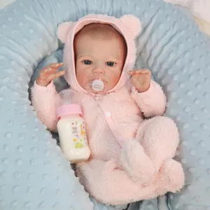 WOOROY Realistic Reborn Baby Dolls - 18 Inch Lifelike Reborn Baby Girl Doll with Open Eyes in Pink Plush Outfit, Handmade Collectible Gift with Accessories for Kids 3 