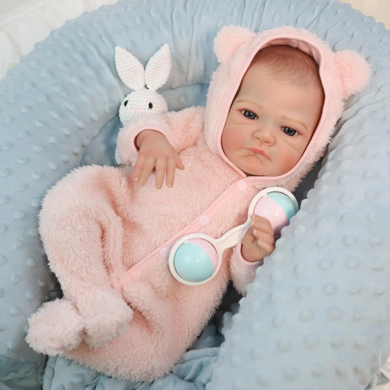 WOOROY Realistic Reborn Baby Dolls - 18 Inch Lifelike Reborn Baby Girl Doll with Open Eyes in Pink Plush Outfit, Handmade Collectible Gift with Accessories for Kids 3 