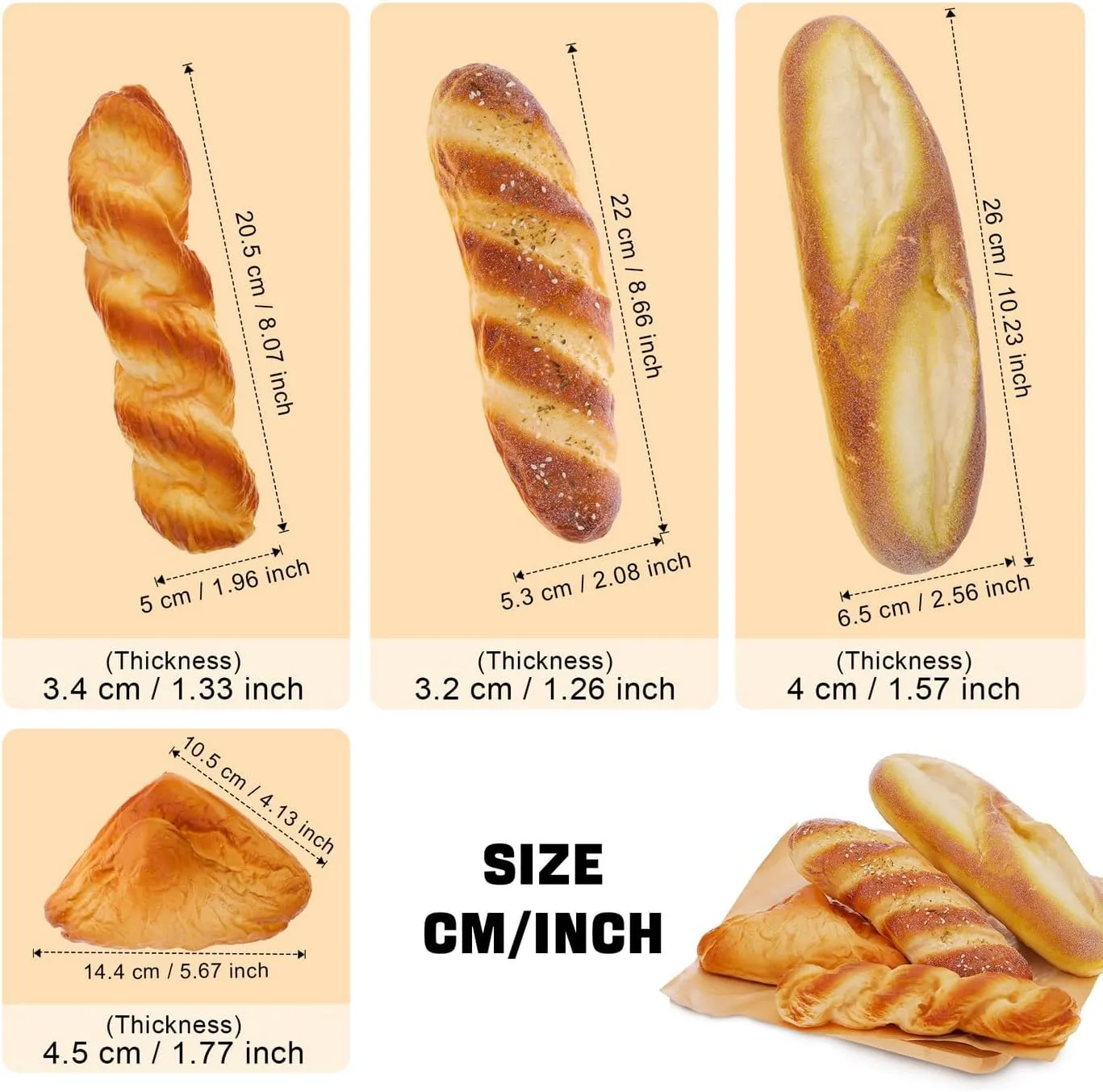 Woration 4pcs Artificial French Bread Set Fake Loaf Simulation Baguette Faux Pastries Food Model Display Home Kitchen Decoration Bakery Ornament