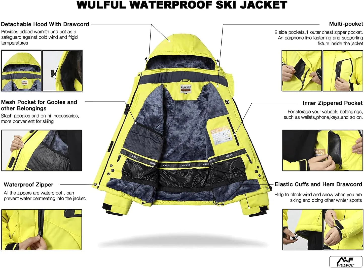 WULFUL Women’s Waterproof Snow Ski Jacket Mountain Windproof Winter Coat with Detachable Hood