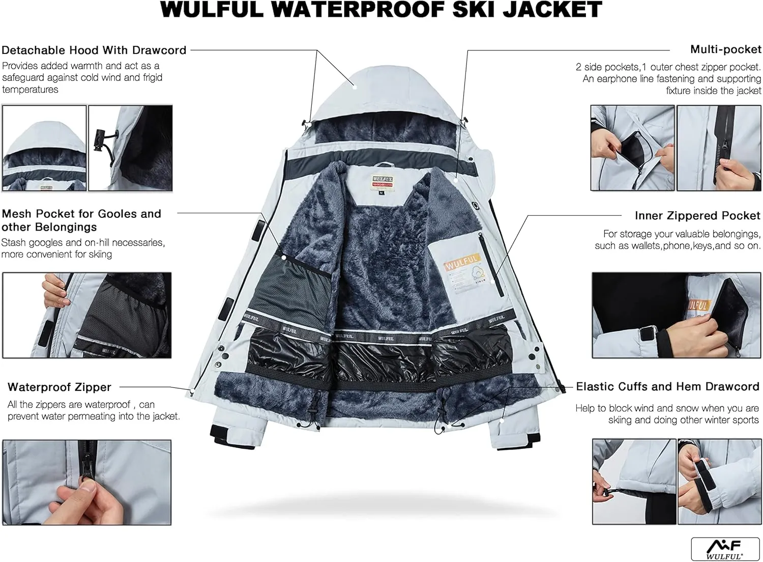 WULFUL Women’s Waterproof Snow Ski Jacket Mountain Windproof Winter Coat with Detachable Hood