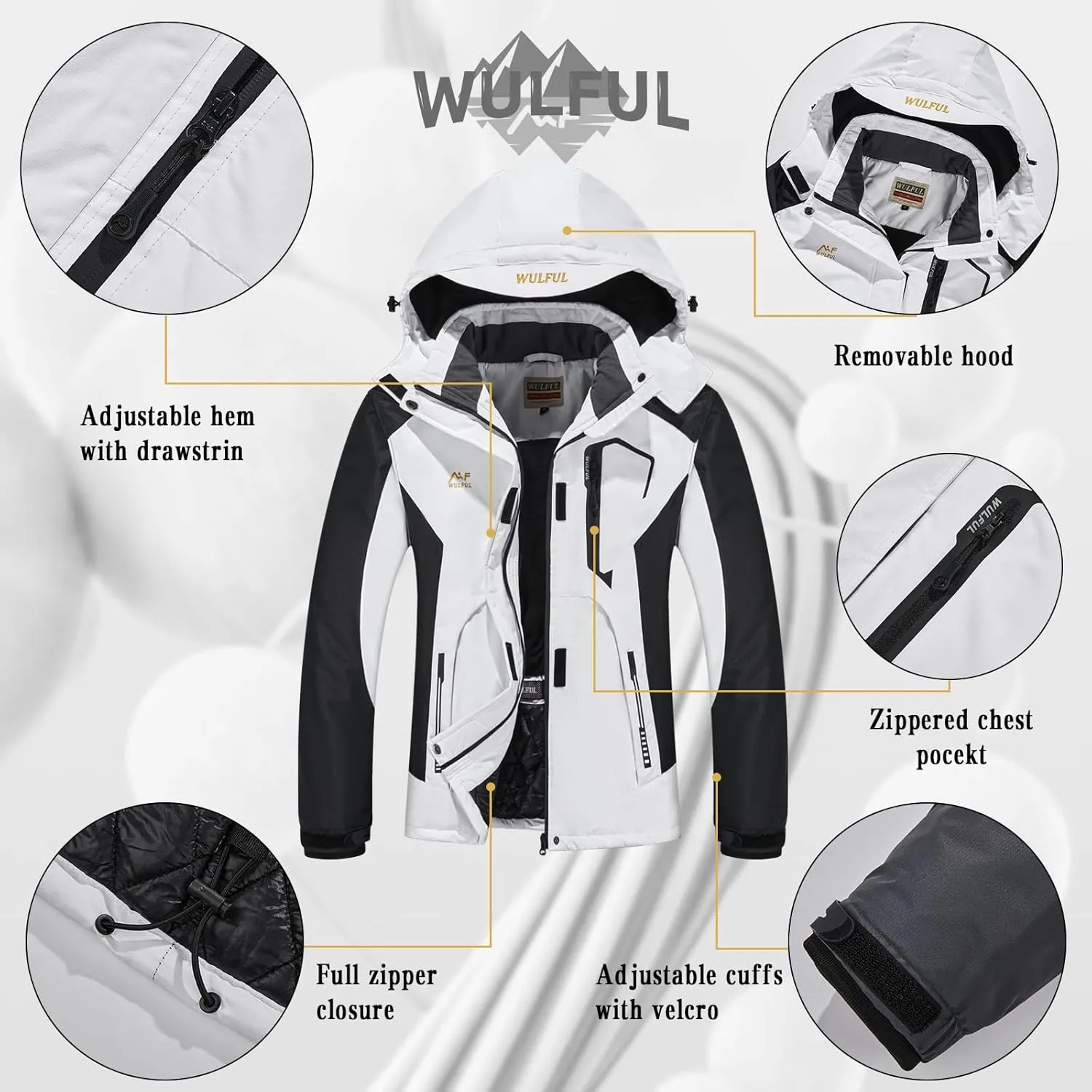 WULFUL Women’s Waterproof Snow Ski Jacket Mountain Windproof Winter Coat with Detachable Hood