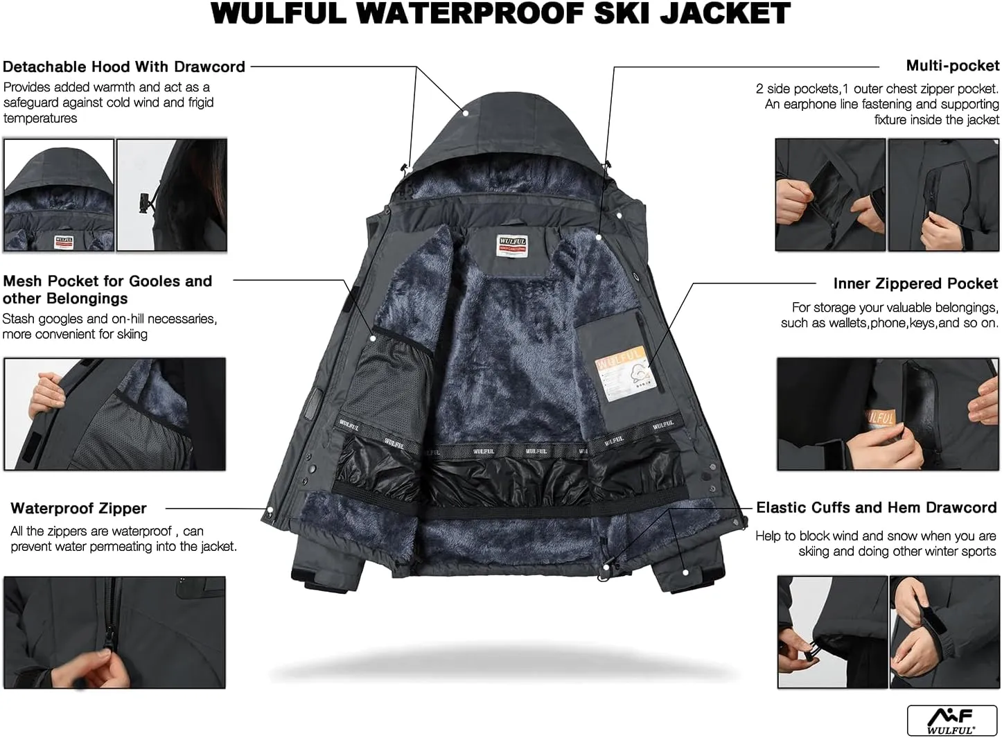 WULFUL Women’s Waterproof Snow Ski Jacket Mountain Windproof Winter Coat with Detachable Hood